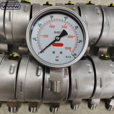 Manômetro com anel de bisel preenchido com silicone e glicerina, mostrador de 100mm e montagem inferior para aplicações industriais